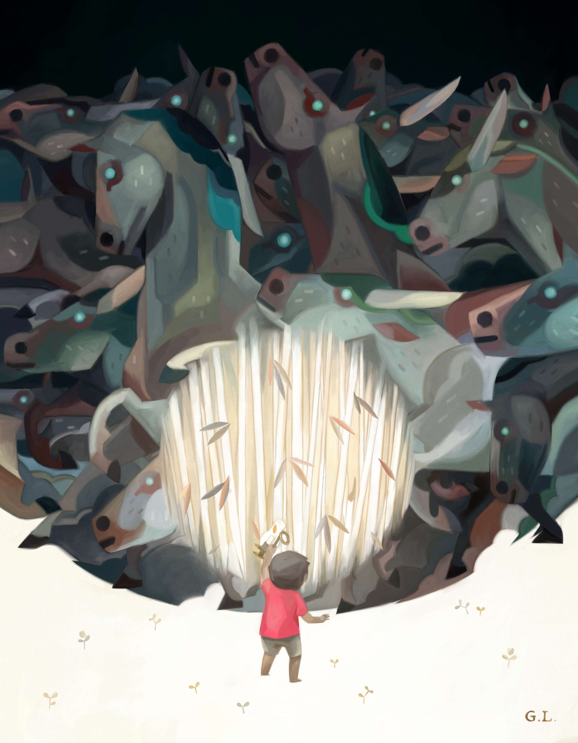 Digital illustration of Gregg. A kid throws a letter into a well souranded by multiple horses. 